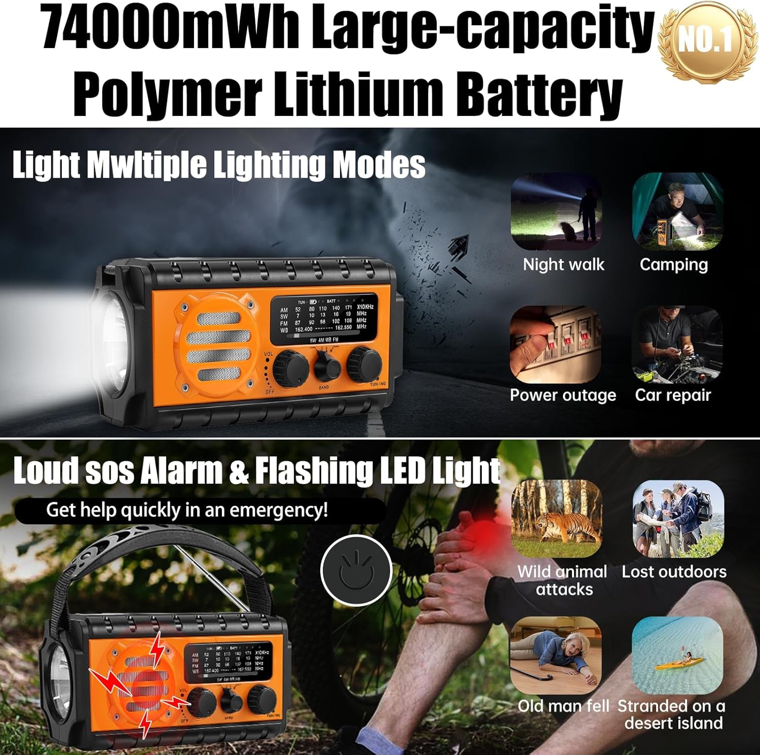 74000Mwh Emergency Radio with NOAA Weather, Portable Hand Crank SW/AM/FM Survival Radio with Fast Charge Rechargeable Solar Battery, Flashlight, Reading Lamp,Sos Sirenor Home Outdoor