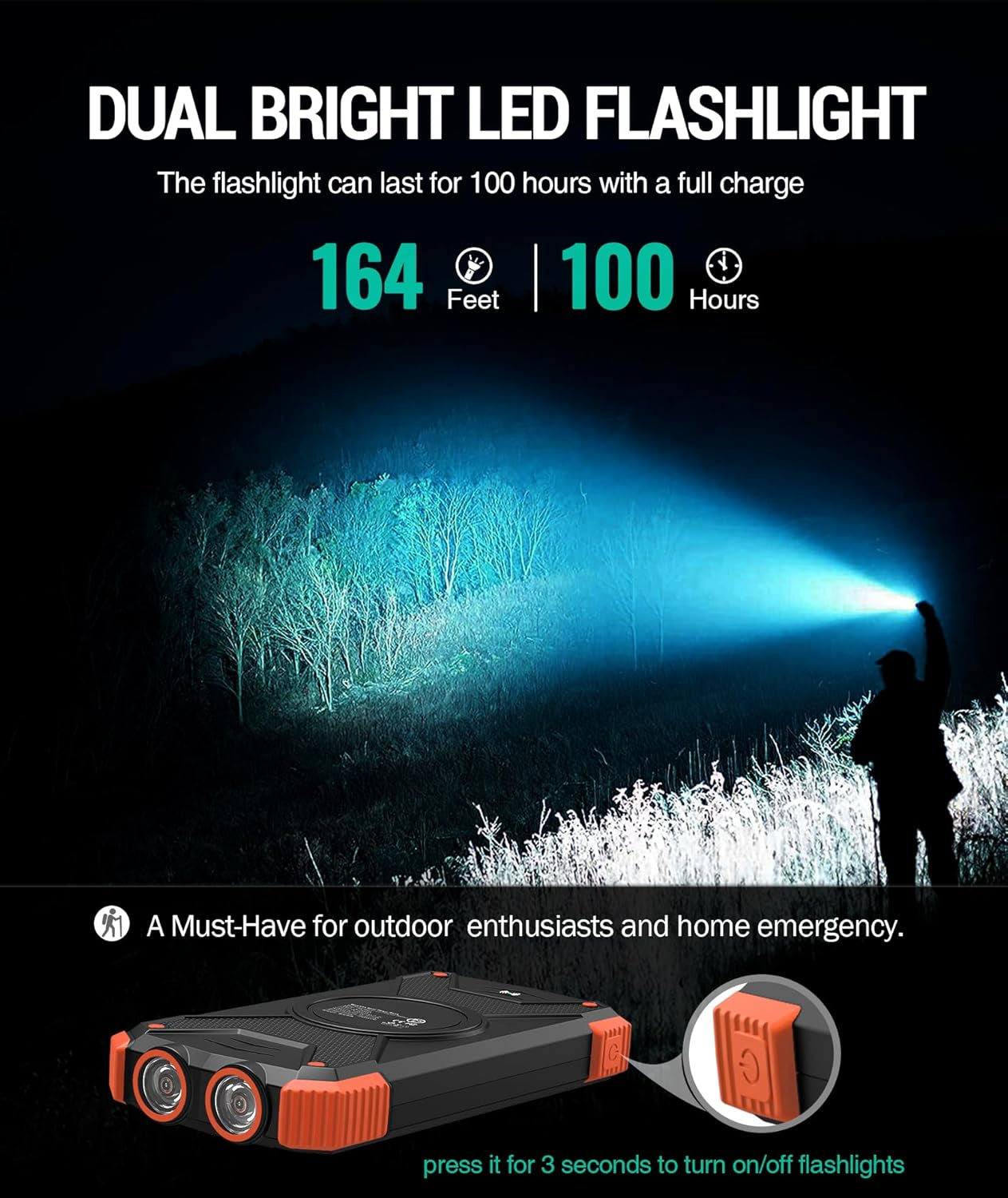 Ultimate Solar Power Bank: 10,000mAh Portable Wireless Charger with 20W Fast Charging and Dual Flashlight for All Your Outdoor Adventures