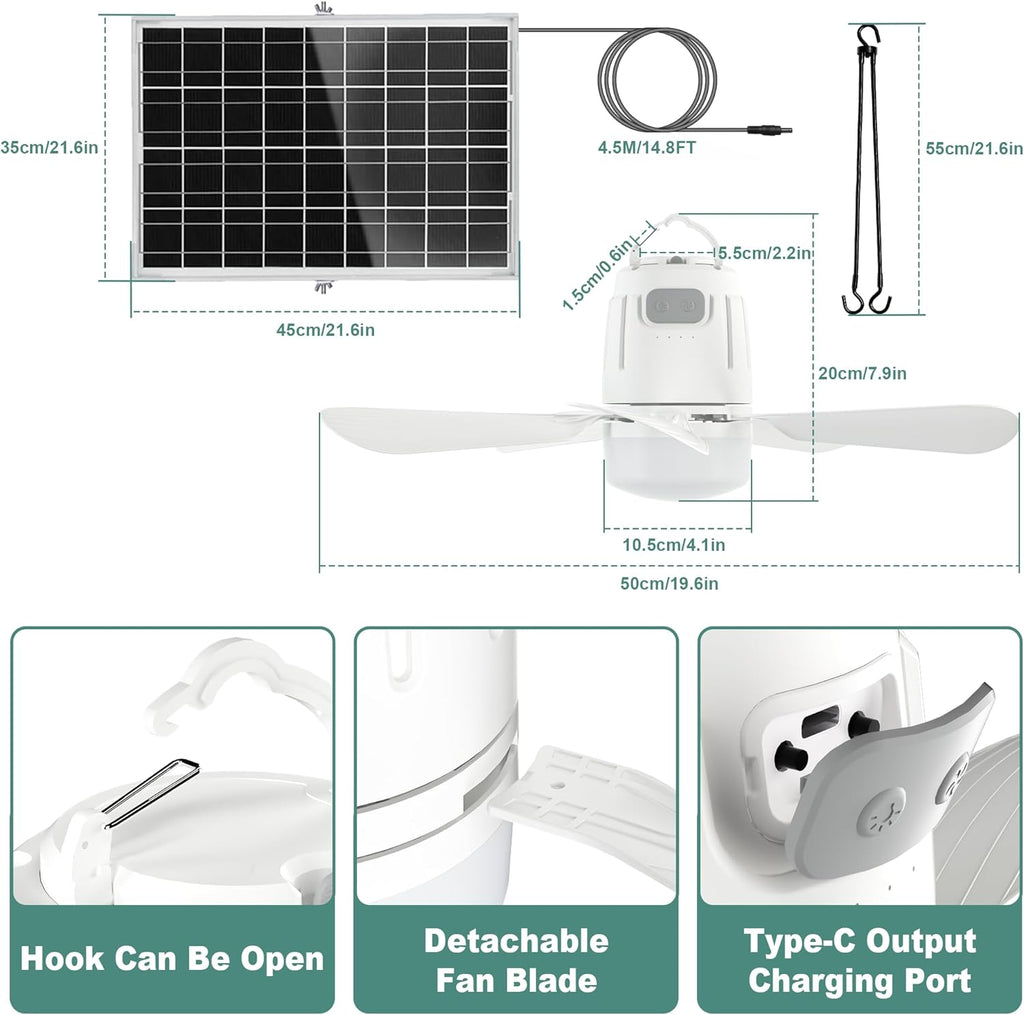 Solar Ceiling Fan Light, 20000Mah Portable Gazebo Fan with 30W Solar Powered Fan with Remote Control, Outdoor Ceiling Fan with Light for Patios, Canopy, Shed, RV, Porch and Chicken Coop