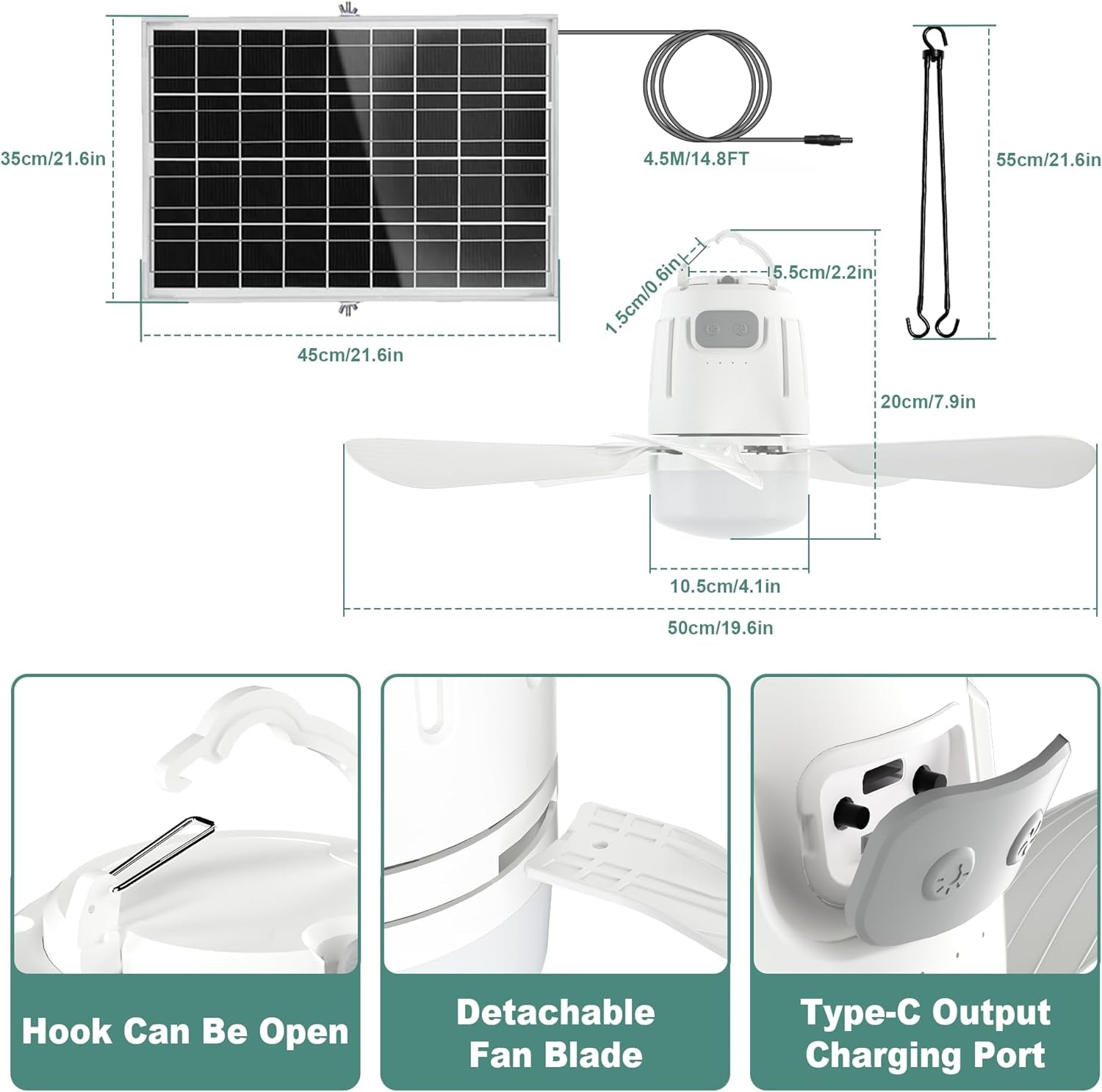 Solar Ceiling Fan Light, 20000Mah Portable Gazebo Fan with 30W Solar Powered Fan with Remote Control, Outdoor Ceiling Fan with Light for Patios, Canopy, Shed, RV, Porch and Chicken Coop