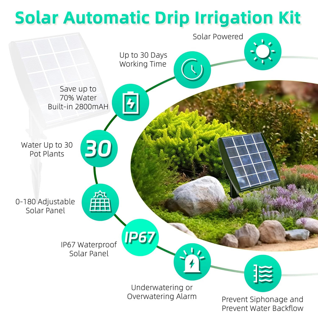 Solar Powered Drip Irrigation System,  Solar Automatic Garden Watering Outdoor Greenhouse Accessories Supported 15 Pots Plants & 6 Timer Modes