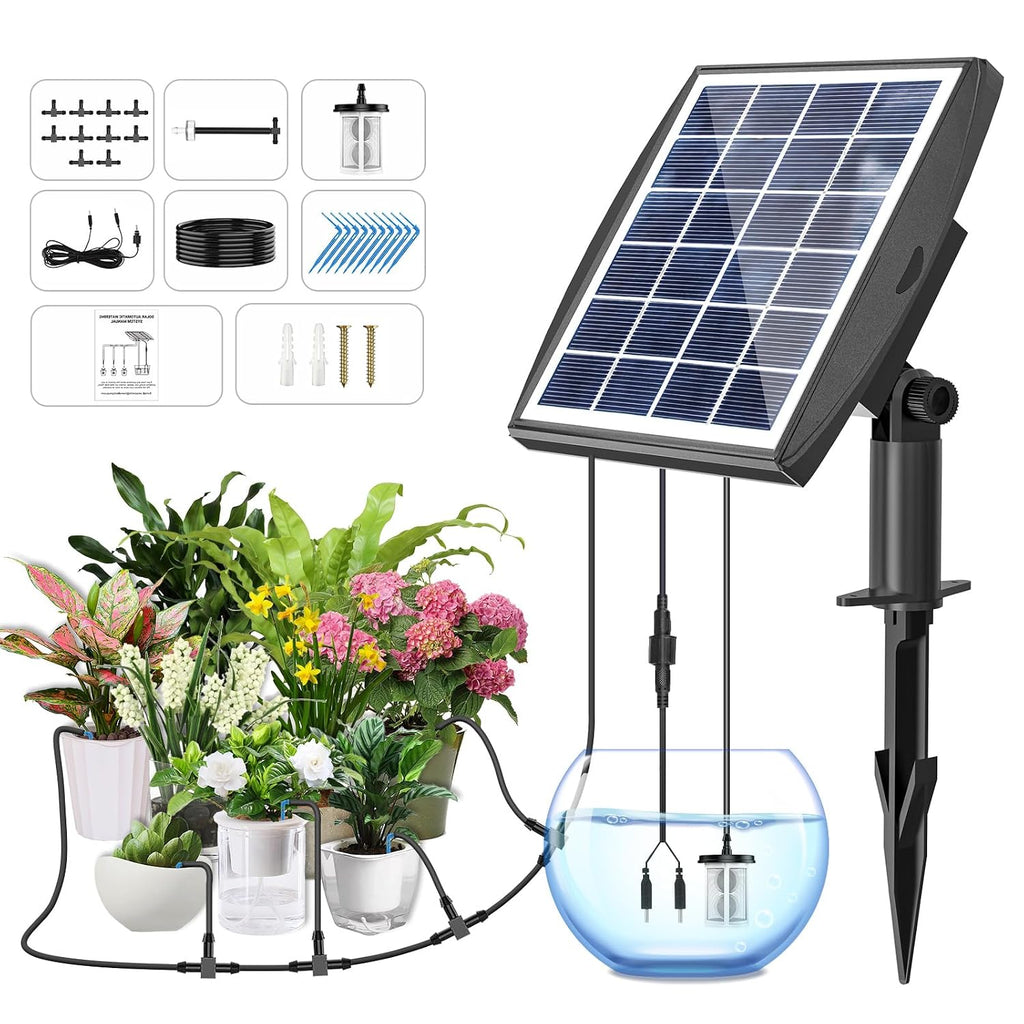 Solar Powered Drip Irrigation System,  Solar Automatic Garden Watering Outdoor Greenhouse Accessories Supported 15 Pots Plants & 6 Timer Modes