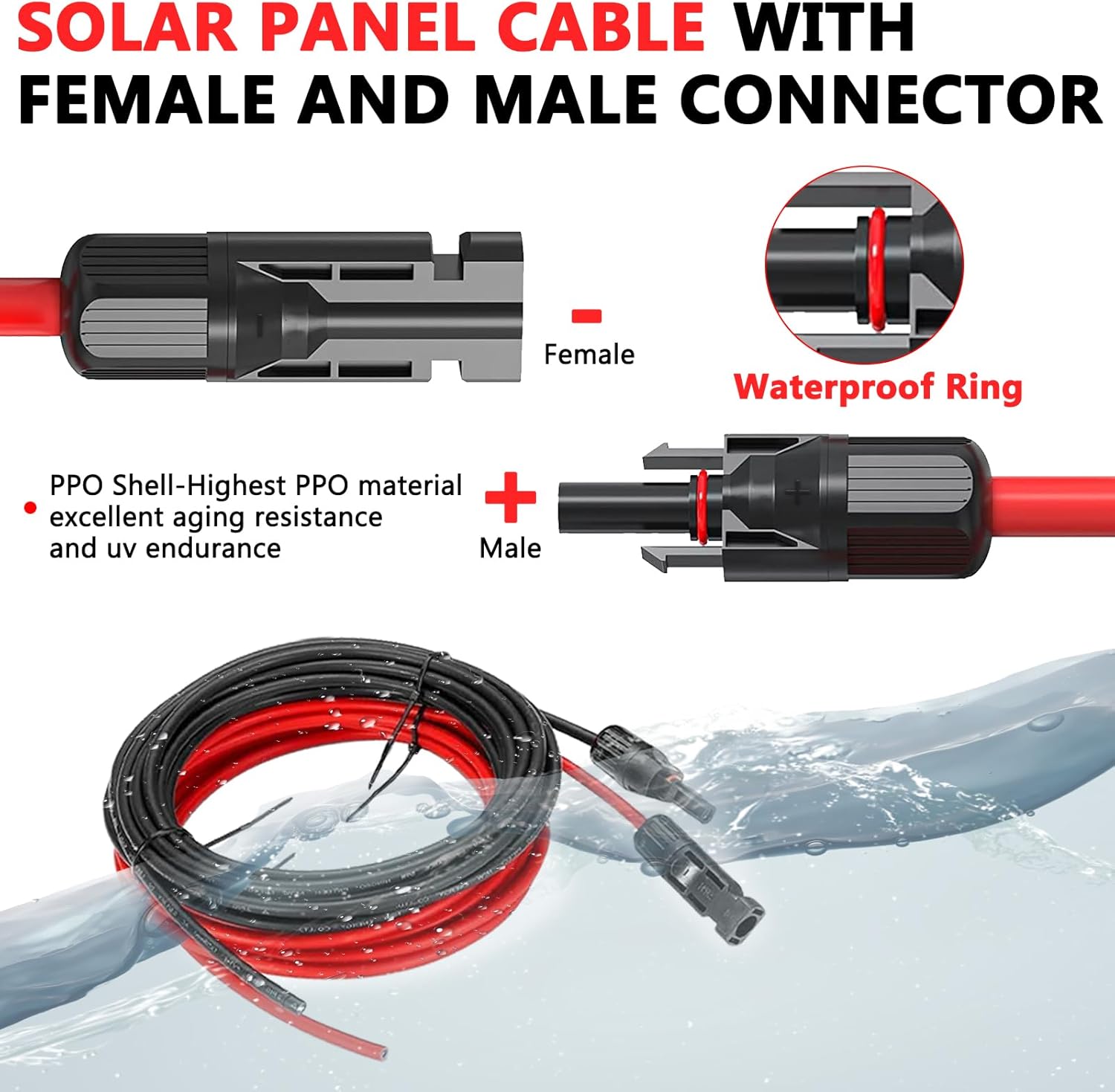 2X30 Feet Solar Panel Extension Cable- 10AWG Solar Cable Solar Panel Cable with Female and Male Waterproof Connectors for RV, Photovoltaic Systems