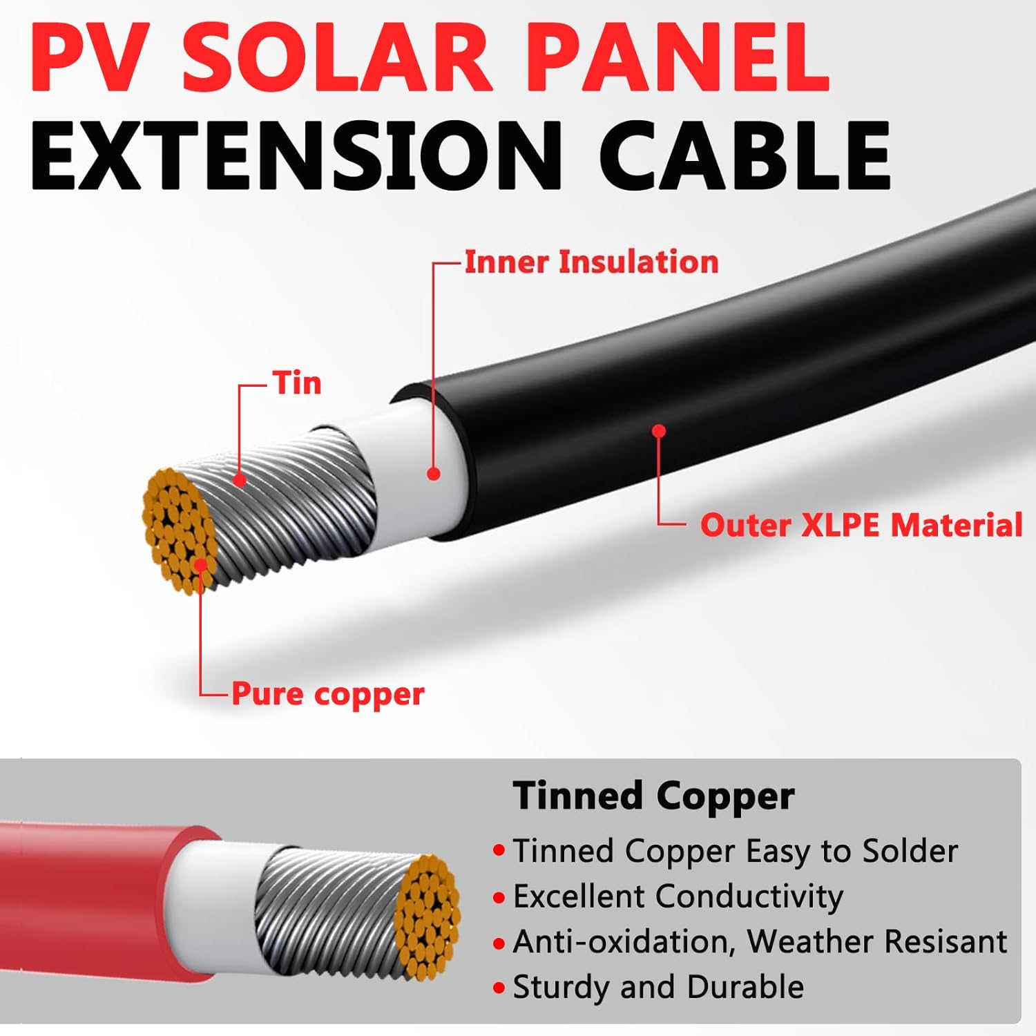 2X30 Feet Solar Panel Extension Cable- 10AWG Solar Cable Solar Panel Cable with Female and Male Waterproof Connectors for RV, Photovoltaic Systems