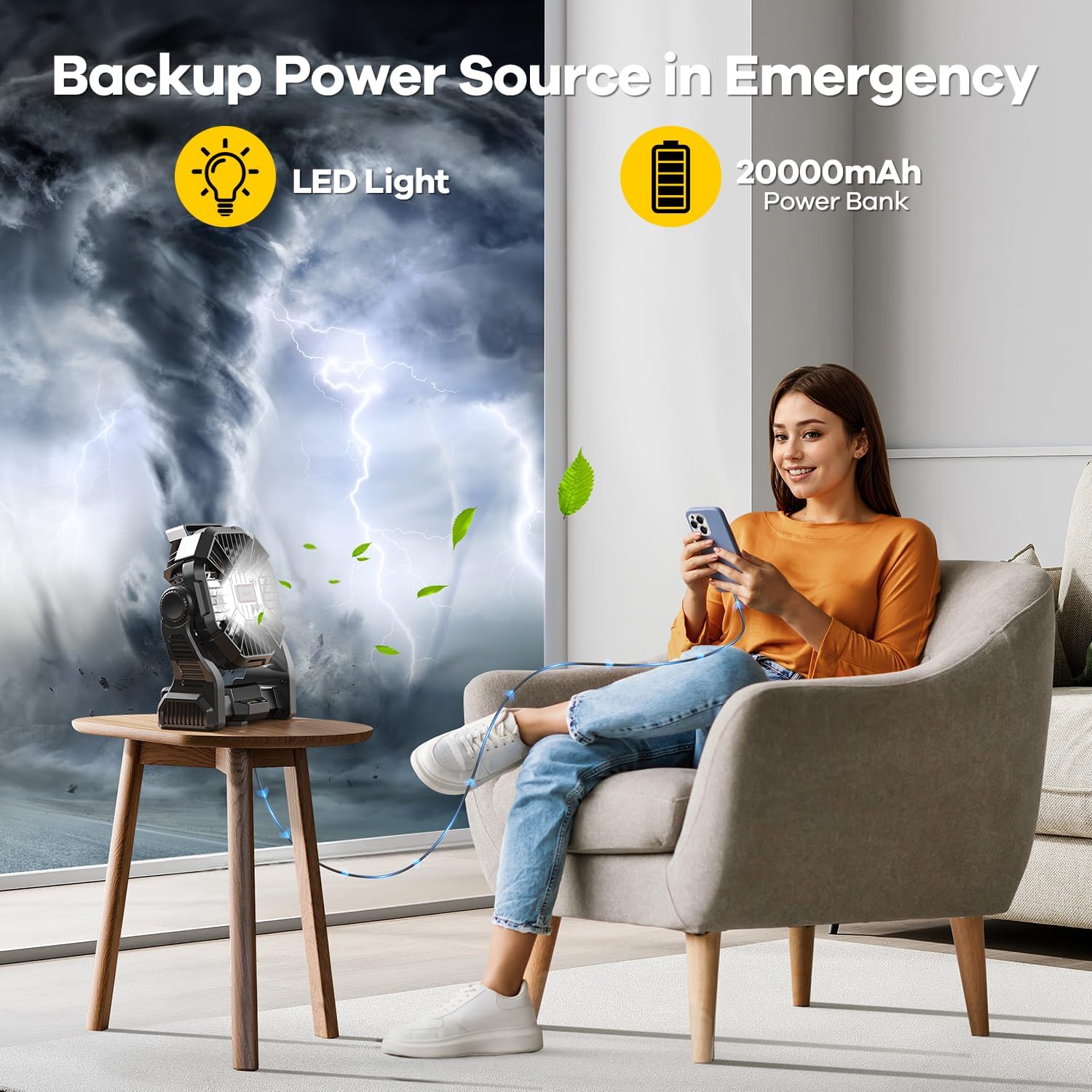 Ultimate 20000mAh Solar-Powered Fan with LED Lantern - Rechargeable 10W Camping Fan for Outdoor Adventures, Perfect for Picnics, BBQs, and Travel