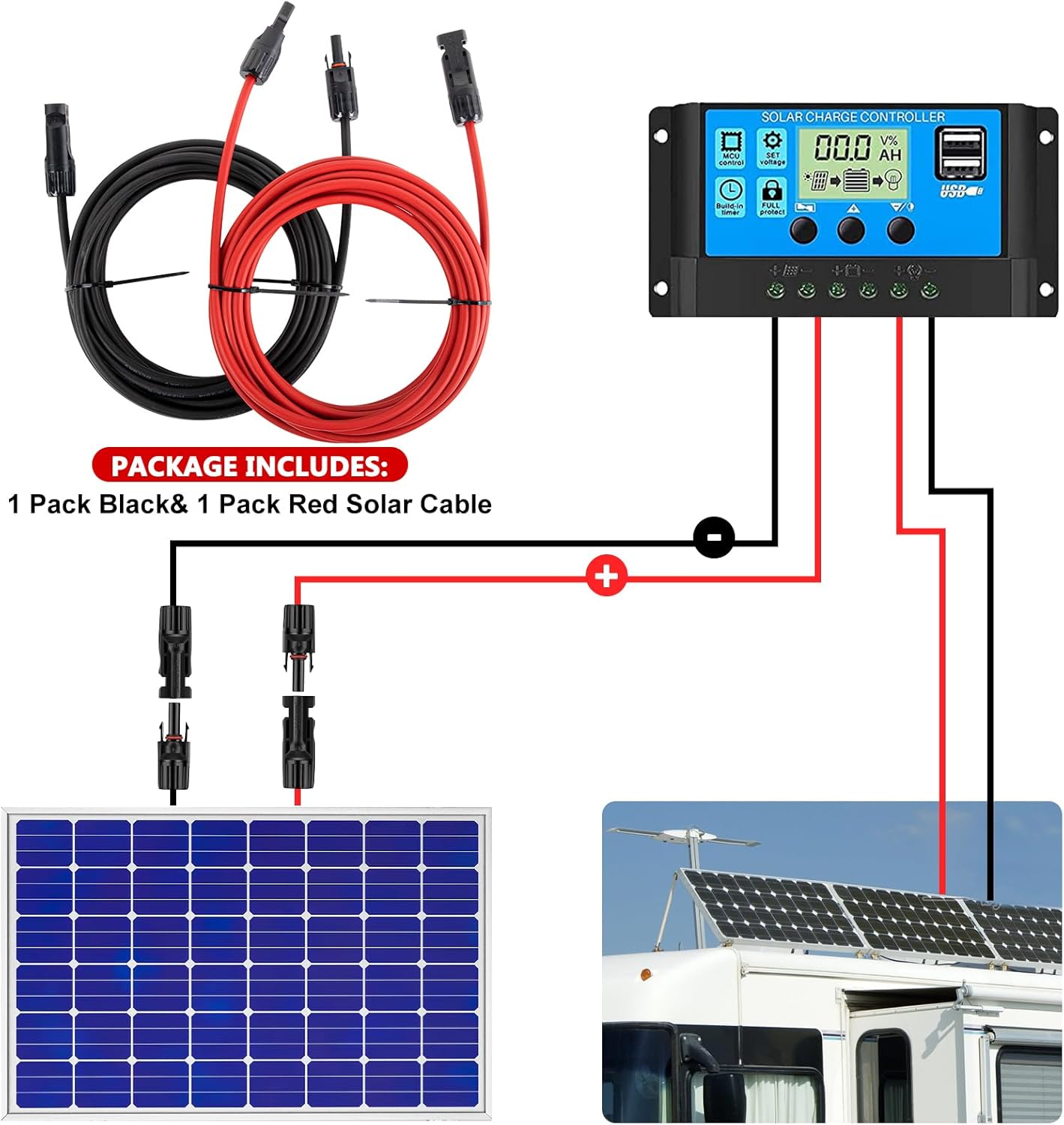 2X30 Feet Solar Panel Extension Cable- 10AWG Solar Cable Solar Panel Cable with Female and Male Waterproof Connectors for RV, Photovoltaic Systems
