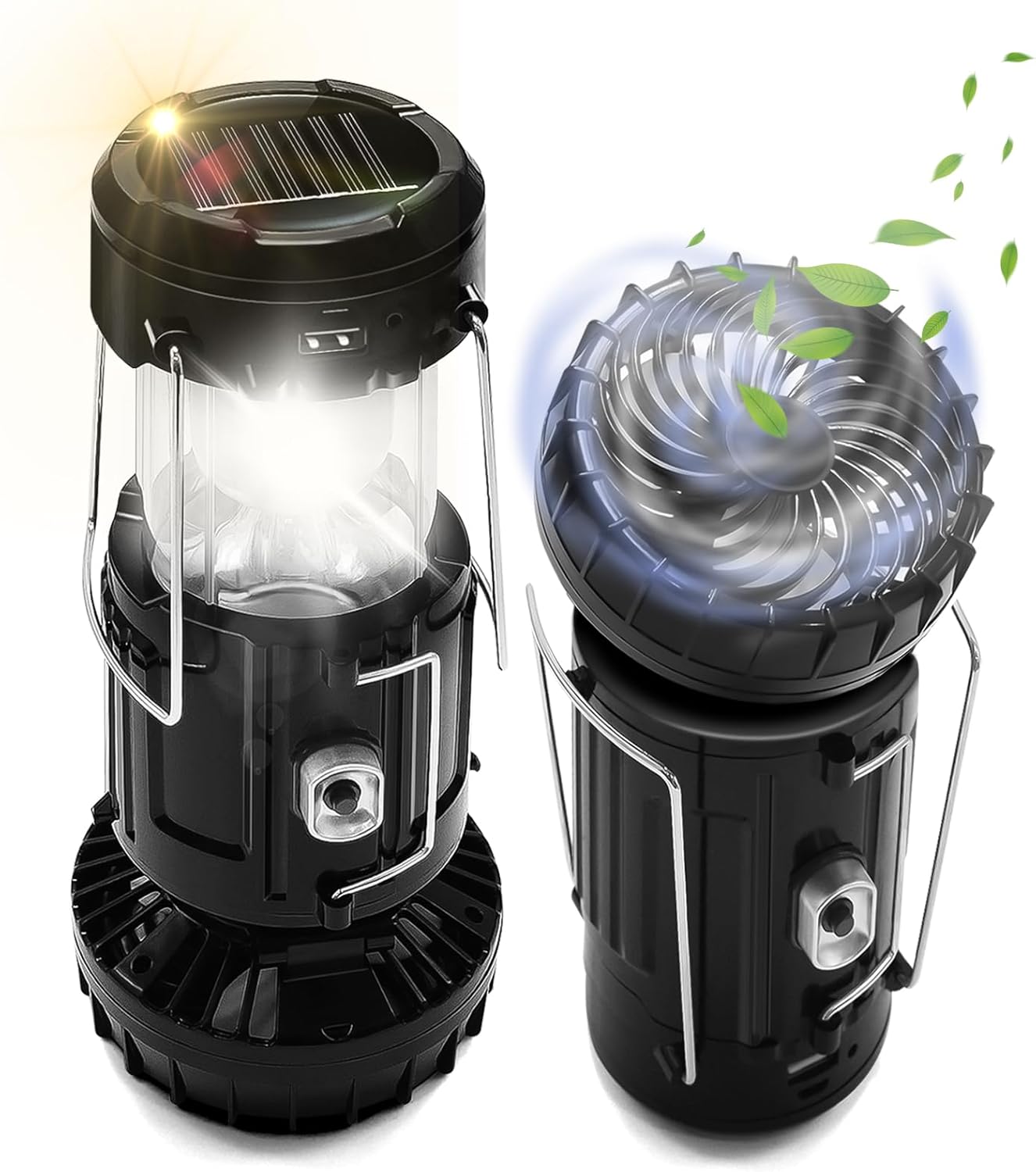 2-Pack Solar Camping Fan W/ Lantern,  Collapsible Solar Powered USB Rechargeable & Battery Powered Emergency Hanging Lights for Camping Tent Hurricanes Power Outages Storm Indoor Outdoor