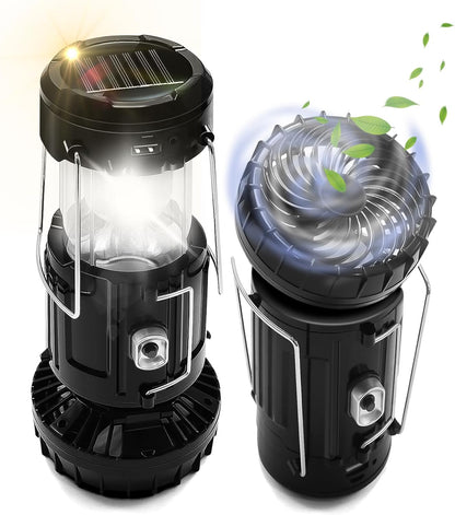 2-Pack Solar Camping Fan W/ Lantern,  Collapsible Solar Powered USB Rechargeable & Battery Powered Emergency Hanging Lights for Camping Tent Hurricanes Power Outages Storm Indoor Outdoor