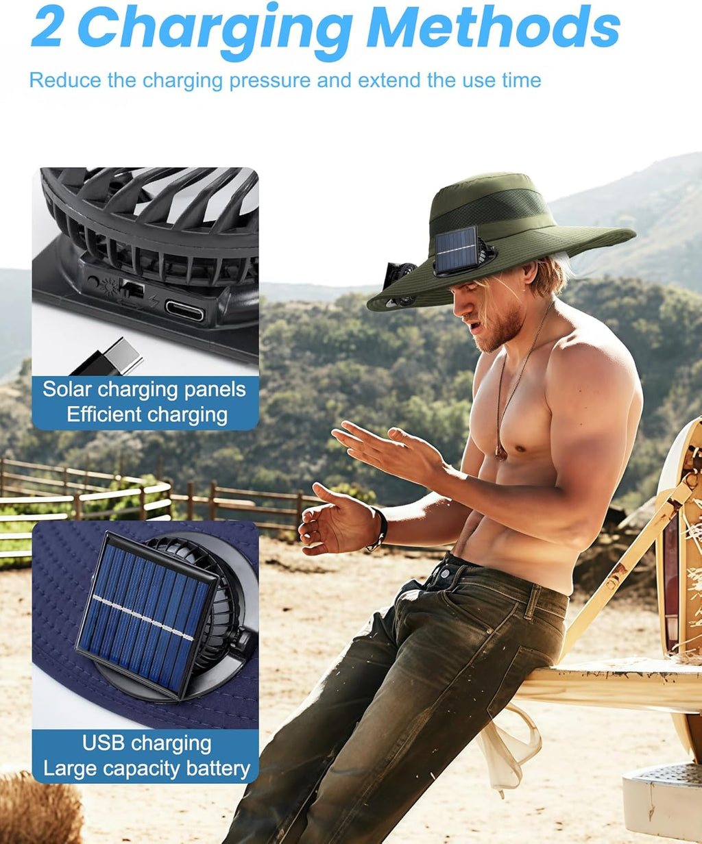 Stay Cool and Protected with Our Solar-Powered Wide Brim Fishing Hat - Ultralight USB Charging Sun Bucket Cap for Women