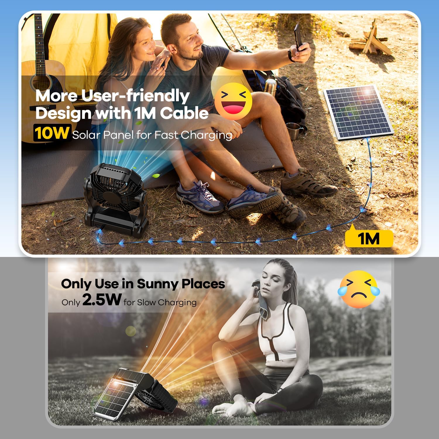 Ultimate 20000mAh Solar-Powered Fan with LED Lantern - Rechargeable 10W Camping Fan for Outdoor Adventures, Perfect for Picnics, BBQs, and Travel