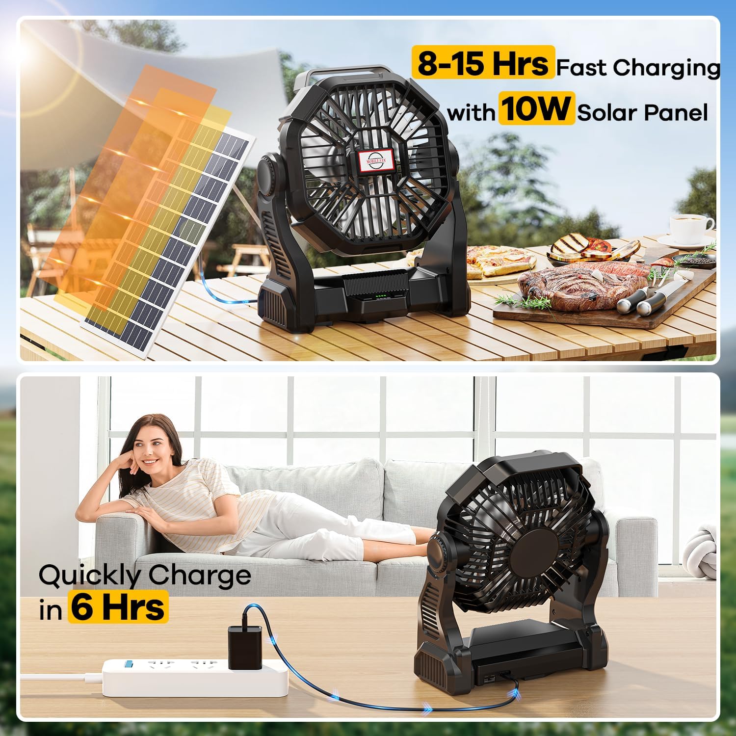 Ultimate 20000mAh Solar-Powered Fan with LED Lantern - Rechargeable 10W Camping Fan for Outdoor Adventures, Perfect for Picnics, BBQs, and Travel