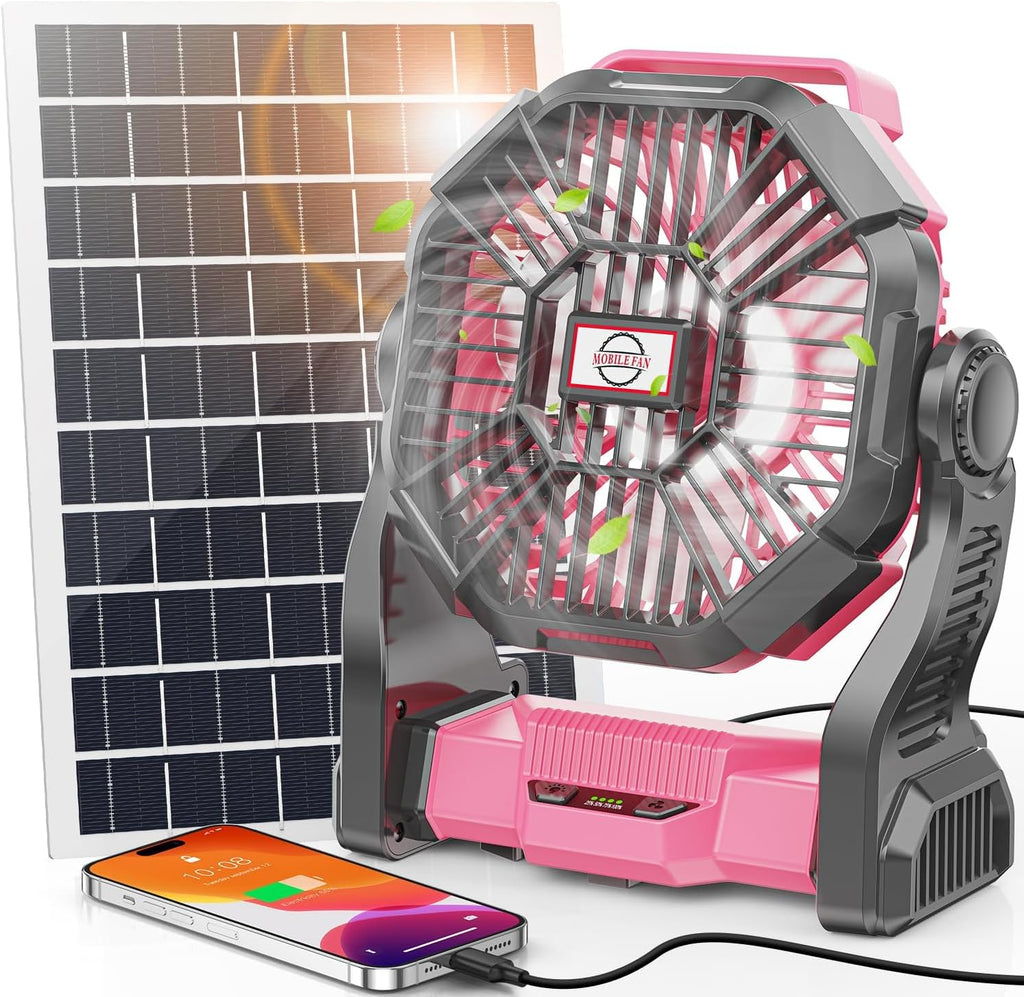 Ultimate 20000mAh Solar-Powered Fan with LED Lantern - Rechargeable 10W Camping Fan for Outdoor Adventures, Perfect for Picnics, BBQs, and Travel