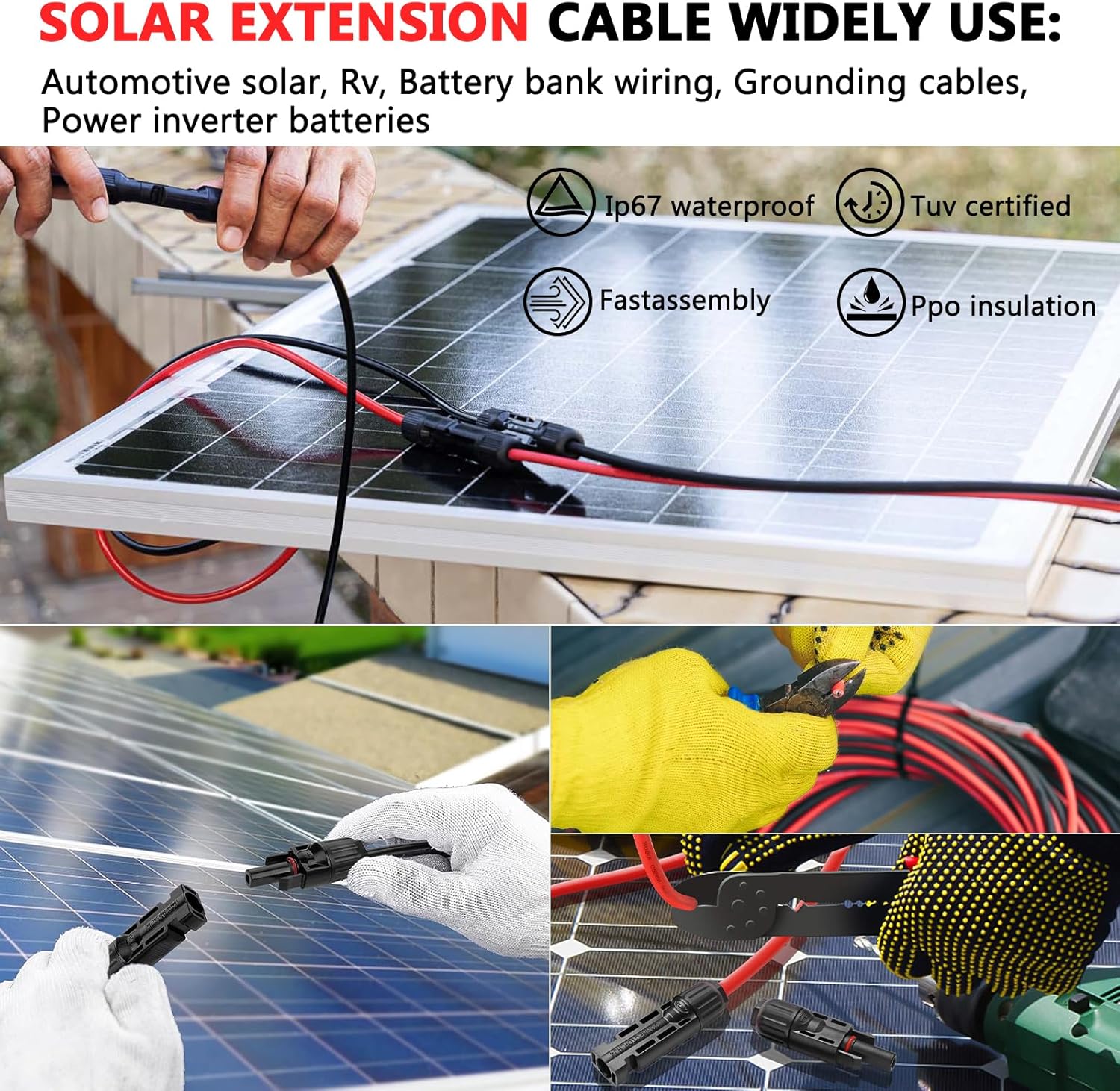 2X30 Feet Solar Panel Extension Cable- 10AWG Solar Cable Solar Panel Cable with Female and Male Waterproof Connectors for RV, Photovoltaic Systems