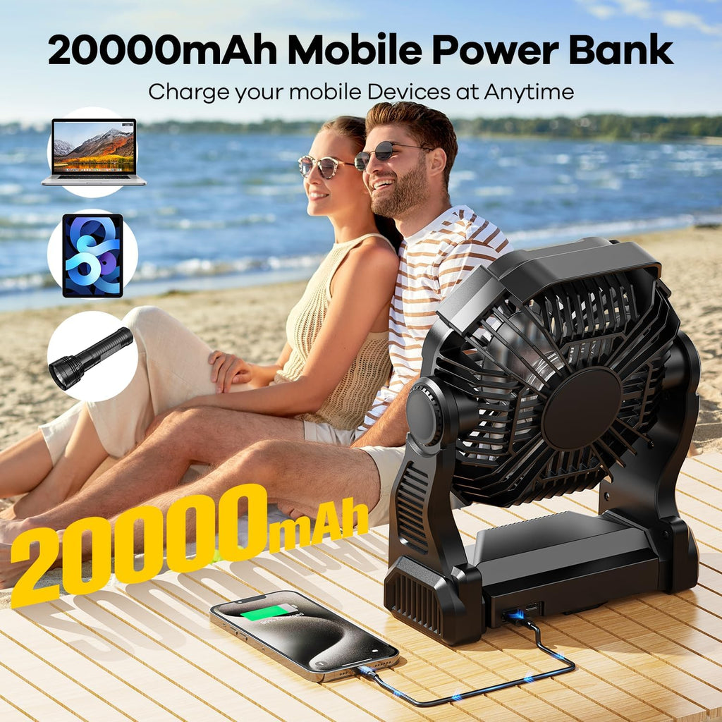 Ultimate 20000mAh Solar-Powered Fan with LED Lantern - Rechargeable 10W Camping Fan for Outdoor Adventures, Perfect for Picnics, BBQs, and Travel