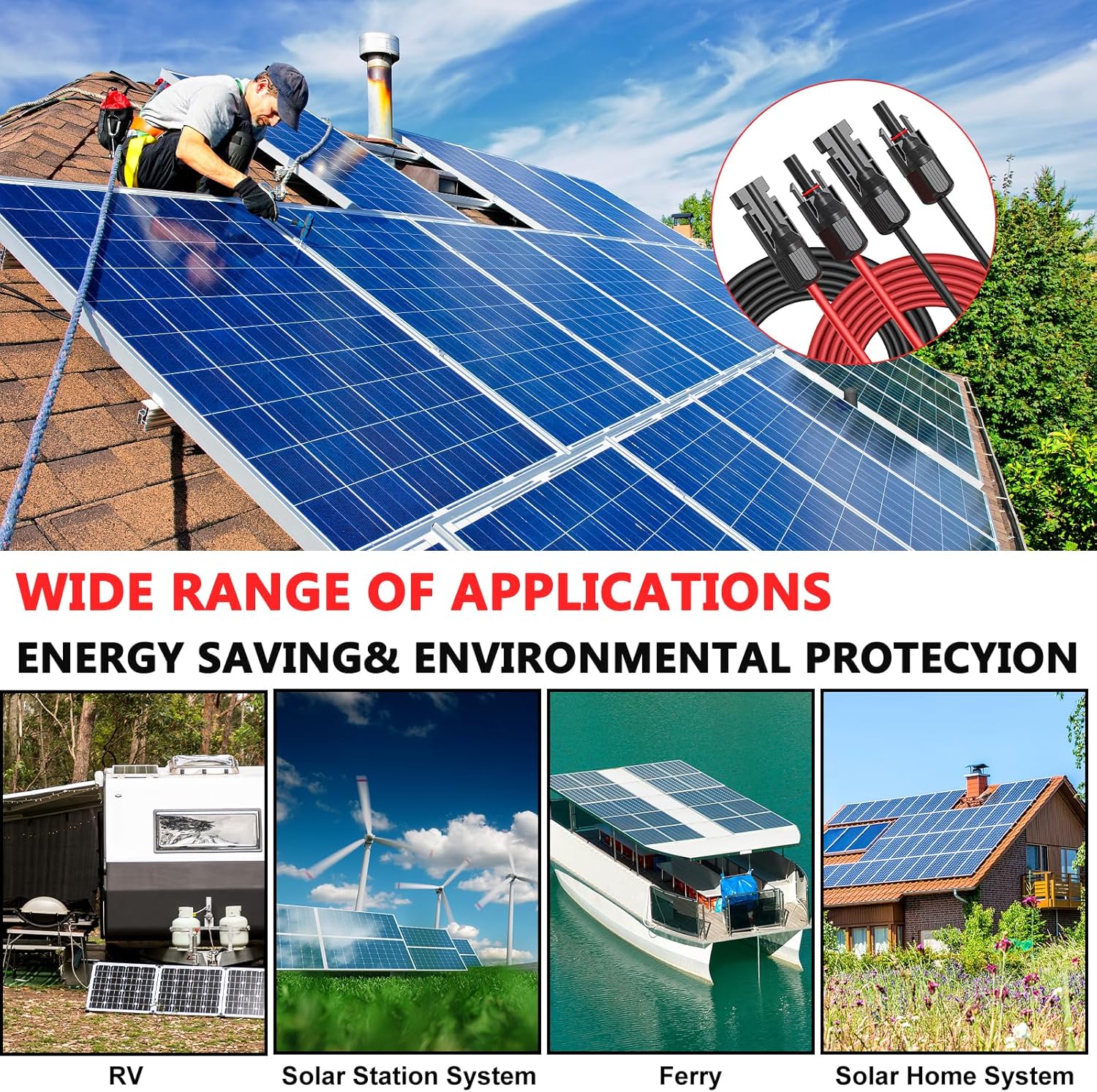 2X30 Feet Solar Panel Extension Cable- 10AWG Solar Cable Solar Panel Cable with Female and Male Waterproof Connectors for RV, Photovoltaic Systems