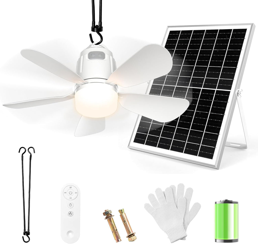 Solar Ceiling Fan Light, 20000Mah Portable Gazebo Fan with 30W Solar Powered Fan with Remote Control, Outdoor Ceiling Fan with Light for Patios, Canopy, Shed, RV, Porch and Chicken Coop