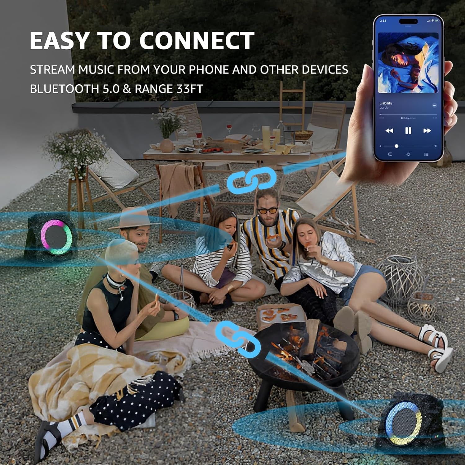 2-Pack Solar Powered Rock Speakers Outdoor Water-Resistant with 3 Mode Lights and Pair Function USB Rechargeable for Patio Garden Party Pool Outside(Black)