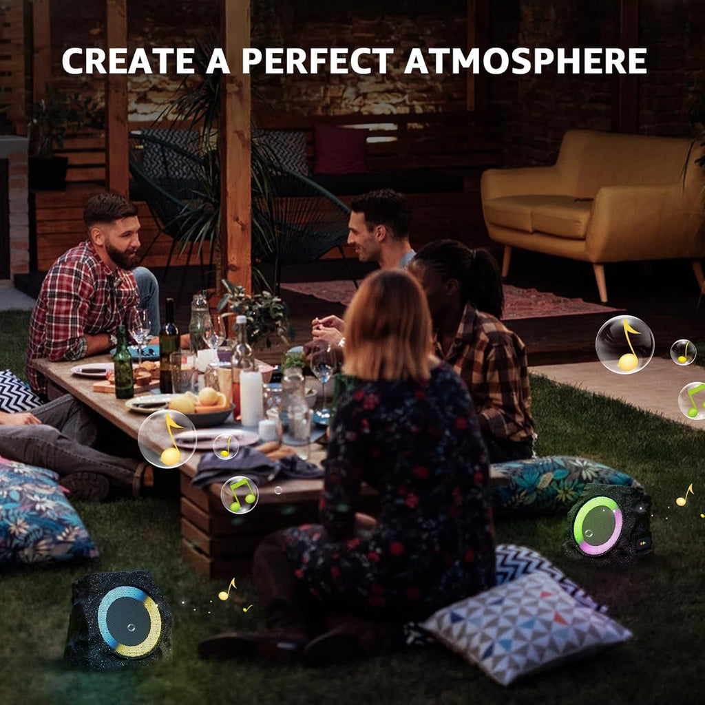 2-Pack Solar Powered Rock Speakers Outdoor Water-Resistant with 3 Mode Lights and Pair Function USB Rechargeable for Patio Garden Party Pool Outside(Black)