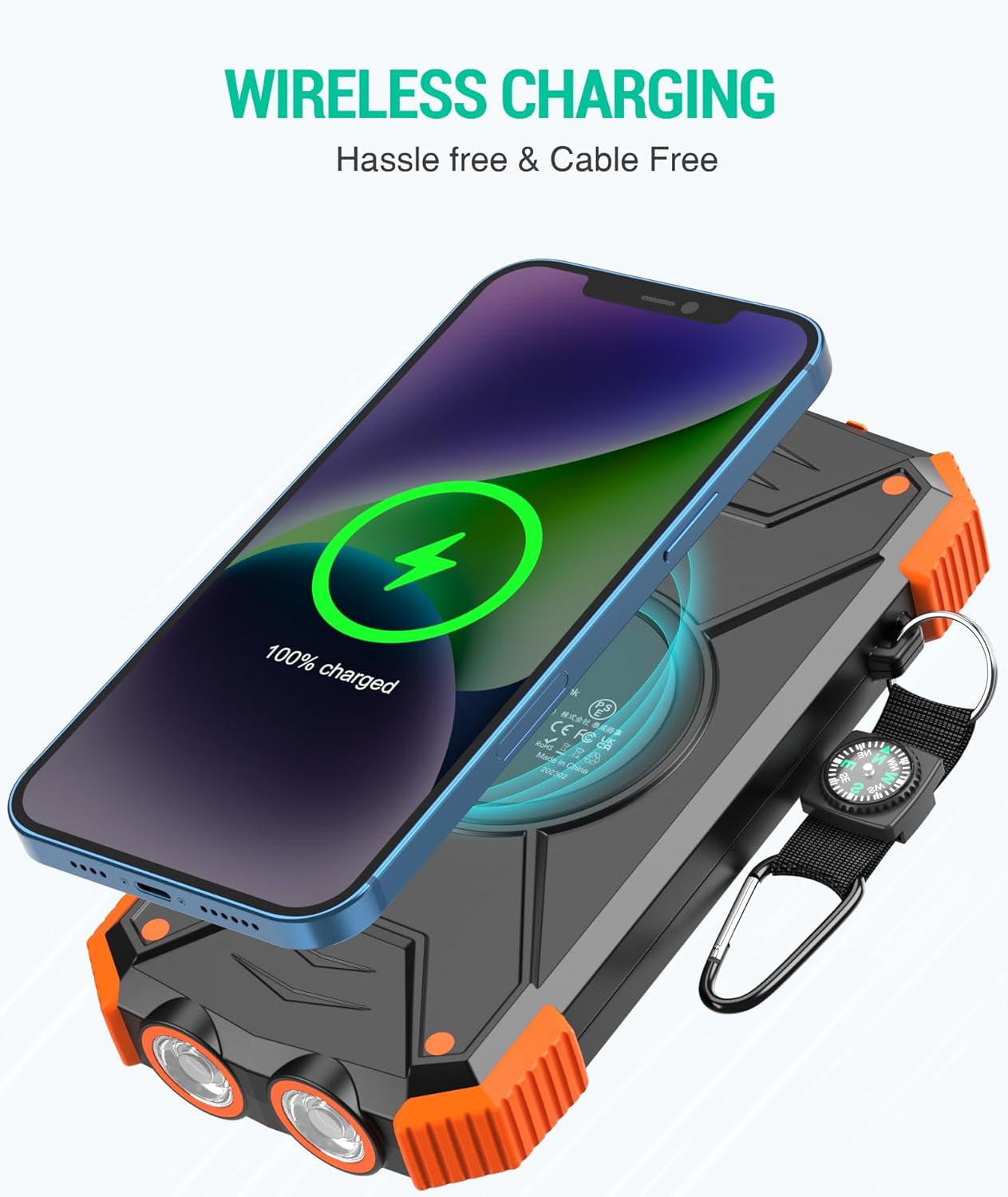 Ultimate Solar Power Bank: 10,000mAh Portable Wireless Charger with 20W Fast Charging and Dual Flashlight for All Your Outdoor Adventures