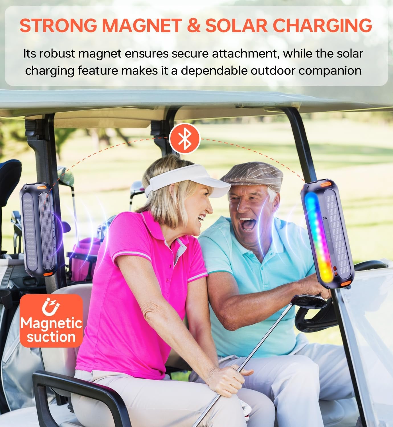 Magnetic Bluetooth Speaker, Golf Speaker with Solar Charging 30H Playtime, 7 Colorful Flashing Lights Outdoor Waterproof Portable Wireless, for Golf Cart Gifts Hiking Camping