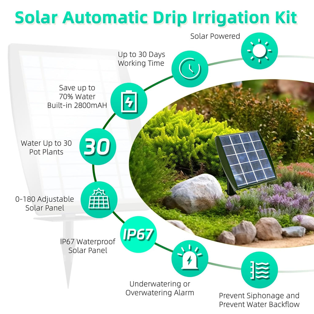 Solar Powered Drip Irrigation System,  Solar Automatic Garden Watering Outdoor Greenhouse Accessories Supported 15 Pots Plants & 6 Timer Modes