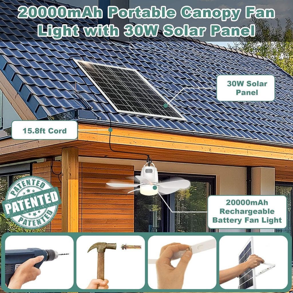 Solar Ceiling Fan Light, 20000Mah Portable Gazebo Fan with 30W Solar Powered Fan with Remote Control, Outdoor Ceiling Fan with Light for Patios, Canopy, Shed, RV, Porch and Chicken Coop