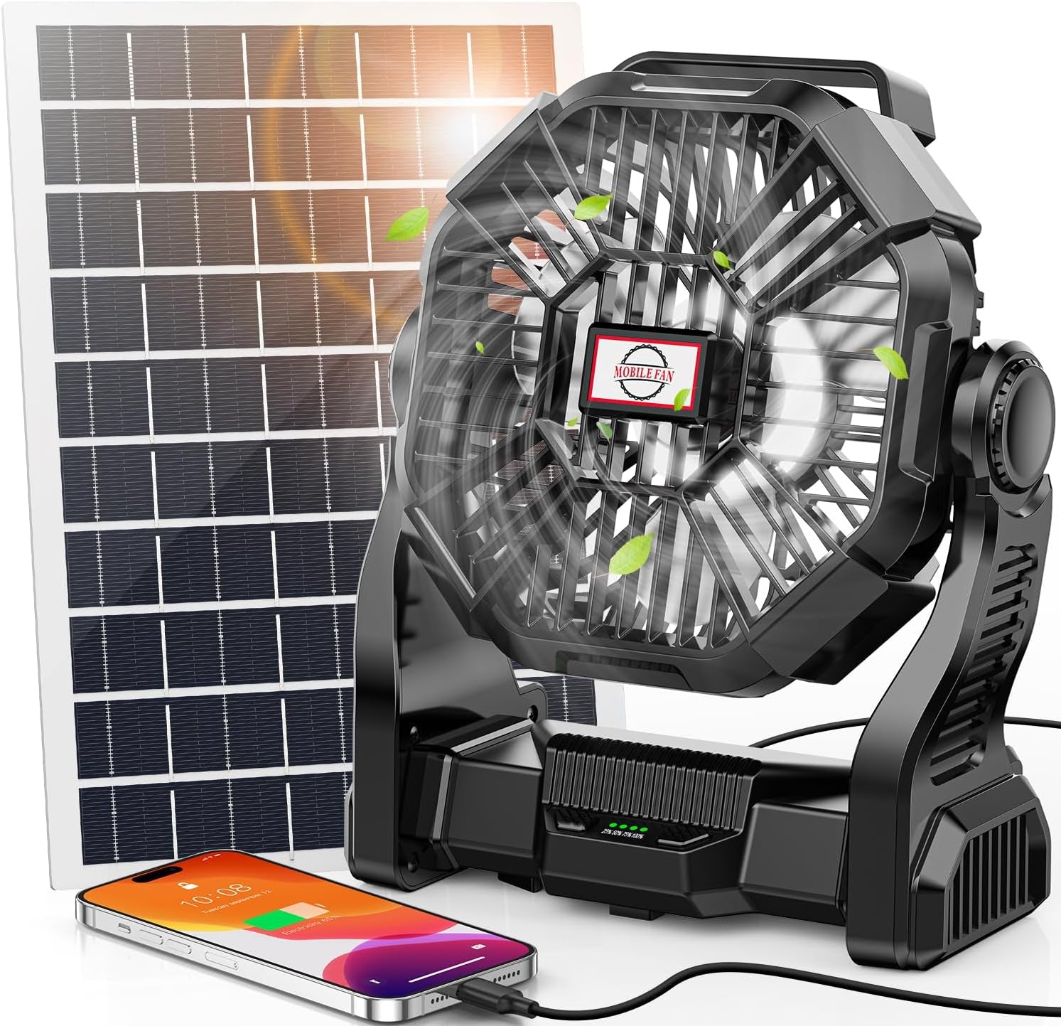 Ultimate 20000mAh Solar-Powered Fan with LED Lantern - Rechargeable 10W Camping Fan for Outdoor Adventures, Perfect for Picnics, BBQs, and Travel